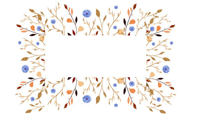 Obraz premium Watercolor composition of autumn leaves and blue flowers on white background. Stylish border with autumn plants and wildflowers for printing, web design. Hand drawn. Suitable for cards, invitations