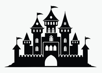 Obraz premium Castle silhouette vector, tall spired towers, gothic medieval style, black and white design