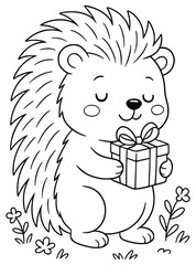 Cute Hedgehog Holding Gift – Black and White Line Art Coloring Page for Kids