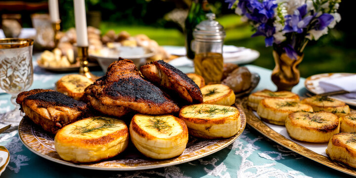 Elegant outdoor table setting with gourmet meat and potato dishes for a celebration. - Powered by Adobe