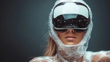 This captivating image features a woman encased in plastic wrap, wearing a sleek virtual reality headset, symbolizing the fusion of technology and human experience in a modern context.