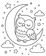 Cute Sleeping Owl on Moon – Night Sky Coloring Page for Kids
