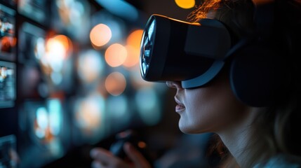 A woman immerses herself in a virtual reality world with a headset on, highlighting the fusion of technology, gaming, and human experiences in modern life.