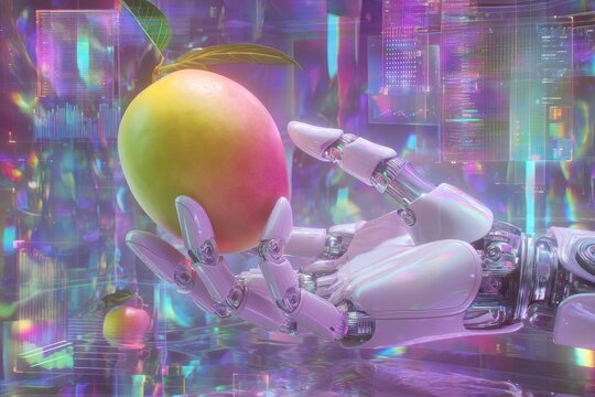 A surreal futuristic composition featuring a robotic arm gently lifting a mango, surrounded by holographic data projections
