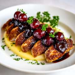 Naklejka premium Gourmet duck breast slices with creamy potato puree and sweet plum sauce garnish.