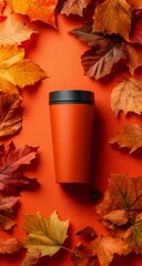 Autumn leaves with orange thermos, and fall.