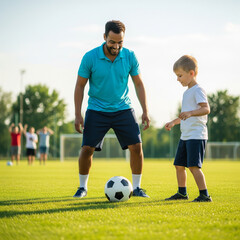 Obraz premium A man and a young boy on a sunny green soccer field, both dressed in athletic wear. The man, smiling, stands over a soccer ball while the boy looks at it intently, suggesting they are playing.