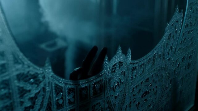Mysterious hand reaches behind ornate mirror amidst foggy atmosphere