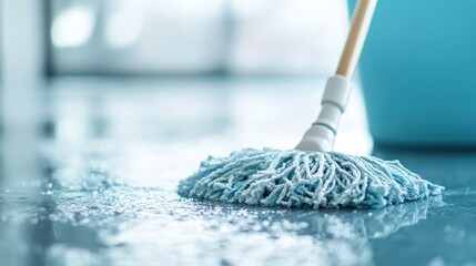 A close-up view of a blue mop cleaning a sparkling floor, demonstrating the importance of cleanliness and hygiene in home care, while showcasing modern janitorial tools and techniques.
