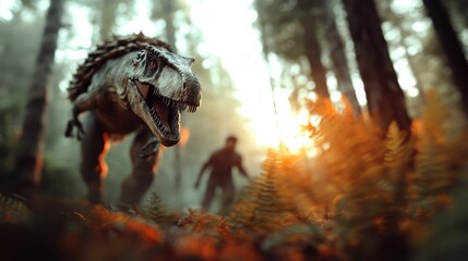 Fototapeta premium This captivating image features a ferocious dinosaur roaming a lush enchanted forest, creating a breathtaking scene that blends fantasy with prehistoric elements beautifully.
