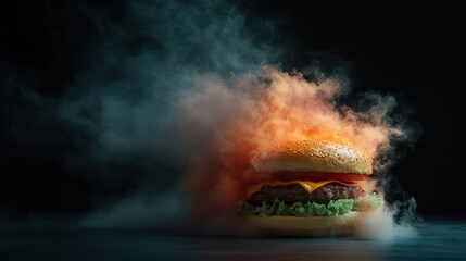 This image depicts a smoky burger engulfed in dramatic vapor effects, creating an artistic representation of food that emphasizes flavor and intensity in a dark setting.