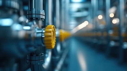 A close-up view of an industrial piping system featuring a prominent yellow valve wheel that symbolizes precision and control in engineering applications.