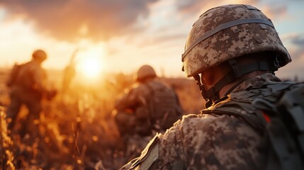 Fototapeta premium Silhouettes of soldiers in a field during sunset emphasize themes of bravery, sacrifice, and the camaraderie found in challenging times amidst a breathtaking backdrop.