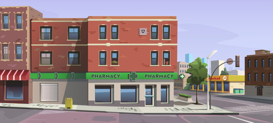 Cityscape, city block. Street with road, sidewalk and crossroad. Pharmacy facade with advertising sign, LED cross. Brick apartment buildings, store building, city infrastructure, vector cartoon.