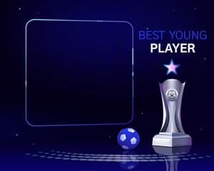 Award for the best young player, football cup, recognition for achievements of young talent. Vector frame template for placing photo or text. Soccer ball, Award cup, sport background, illustration.