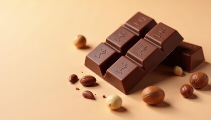 Fototapeta premium Dark chocolate bars with hazelnuts on a creamy pastel brown background, chocolate bar, hazelnut
