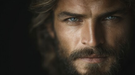 Fototapeta premium Dramatic Close Up Portrait of a Bearded Man with Intense Eyes