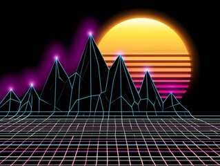 Retro digital landscape with mountains and sun