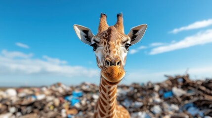 A stunning portrait of a giraffe against the backdrop of a waste site, raising awareness about environmental issues while capturing the animal's gentle beauty and curiosity.