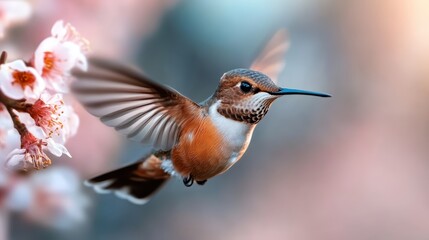 Fototapeta premium A stunning hummingbird hovers gracefully near pink blossoms, showcasing its vibrant colors and delicate wings, symbolizing nature's beauty and intricacies.