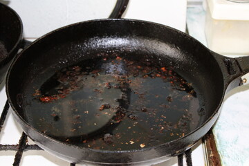 Close-up of a dirty frying pan left on the stovetop after cooking. The pan is covered in grease, burnt food, and oil stains, representing a realistic post-cooking mess.