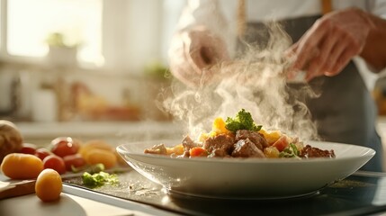 A steaming plate of well-prepared meat and fresh vegetables showcases a culinary delight that tantalizes the senses and highlights gourmet presentation.