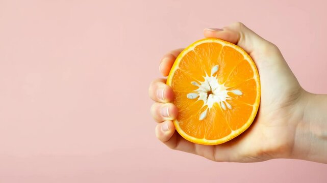 Hand squeezing fresh orange slice juicing on pastel background