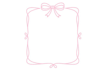 Trendy frame with bow and ribbons. Hand Drawn pink coquette borders for wedding invitation. Whimsical frames for birthday card, menu design and holiday graphic decoration. Minimalist girly line art