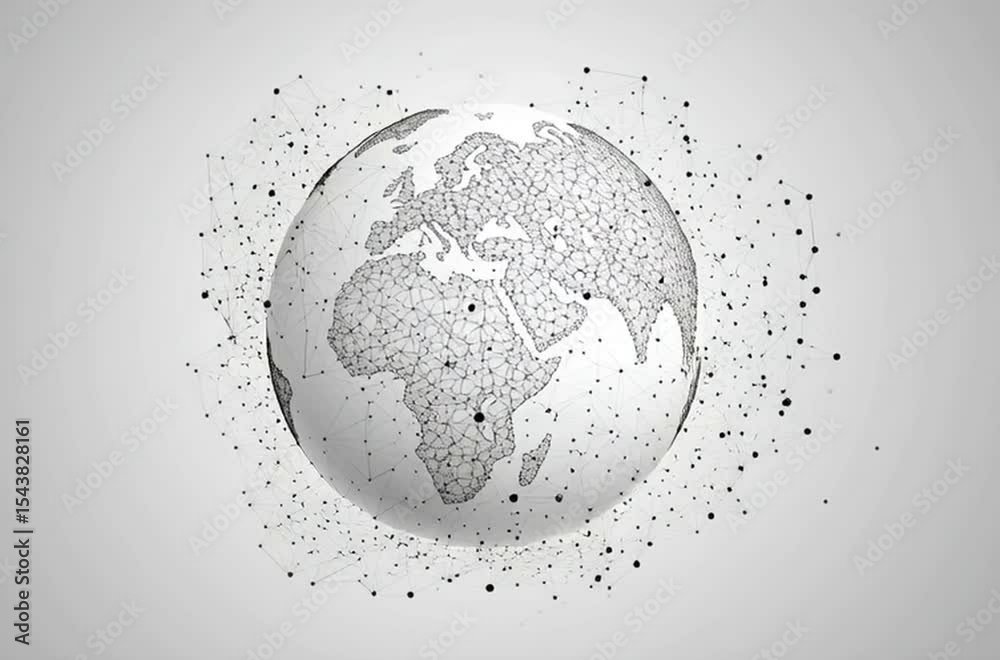 Poster abstract global network concept with planet earth and connecting dots, lines in a gray background ge