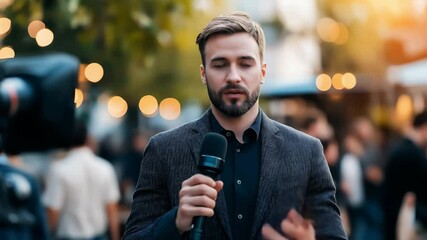 Portrait of a professional man journalist holding microphones, speaks directly to the camera, Presenting the news outdoors, TV reporter presenting the news outdoors, Journalism industry concept	