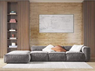 Mock up of an original living room with a modern comfortable sofa and a stylish decorative background, 3D rendering.