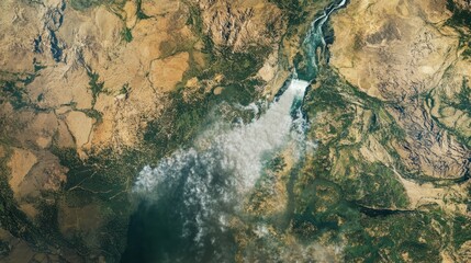 Naklejka premium Aerial View of a River Delta and Smoke Plume