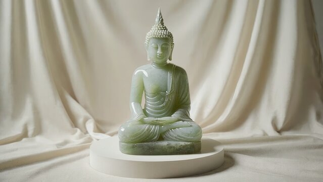 A green jade Buddha statue sits on a white pedestal. The background features soft, draped fabric. The statue symbolizes peace and spirituality.