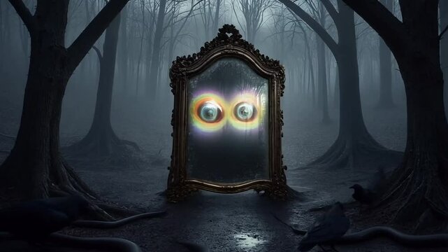 A misty enchanted forest at twilight with crawling snakes and walking crow. The antique mirror have eyes and watch. Horror