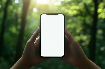 Blank iPhone screen mockup in woman hands on white table, close-up from above, modern office background, photography.