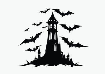 Flying bats silhouette, gothic tower scene, spooky Halloween vector, black and white illustration, on white background