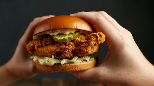 Hands holding delicious crispy chicken sandwich with pickles and lettuce in motion