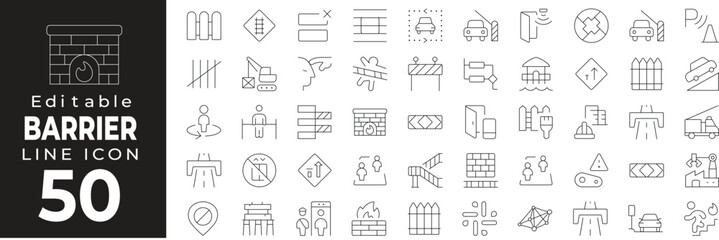 Barrier set of web icons in line style. Obstruction and safety linear icon collection. Containing roadblock, caution tape, warning sign, fence, no entry, construction barrier, restricted area and more