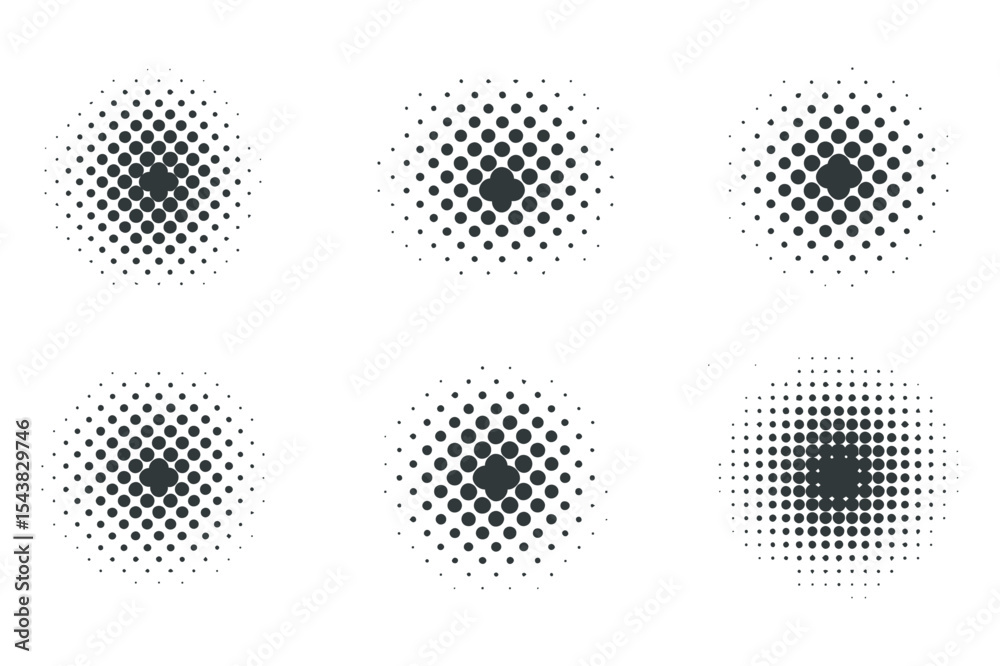 Poster set of four circular halftone patterns in grayscale