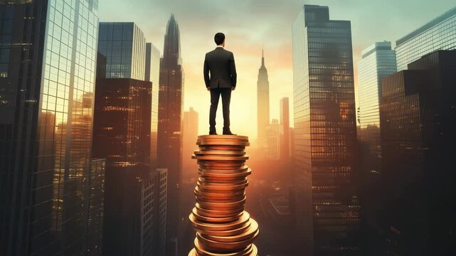 A businessman standing on a stack of coins that is as tall as the building skyscrapers, Successful investment, Wealth and economic growth, Loan and investment for real estate concept