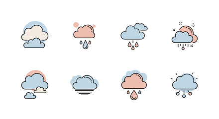 Weather forecast cloud rain vector icons set, meteorology design elements and weather symbols collection