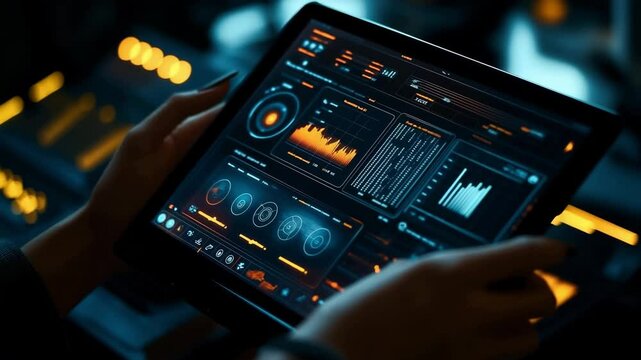 Close up hands of female entrepreneur using a digital tablet with glowing financial data graphs, futuristic fintech dashboard. Finance, innovation, trade and growth concept	
