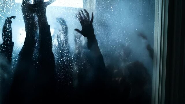 Energetic crowd dancing in the rain under vibrant blue lights