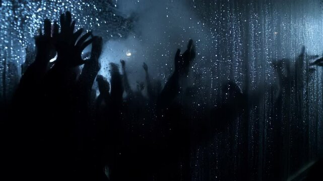 Mysterious silhouettes revealed through raindrops: eerie hands in motion