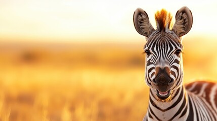 A close-up photograph depicting a charming zebra with a backdrop of golden grasslands at sunrise, capturing the serene beauty of wildlife in its natural habitat.