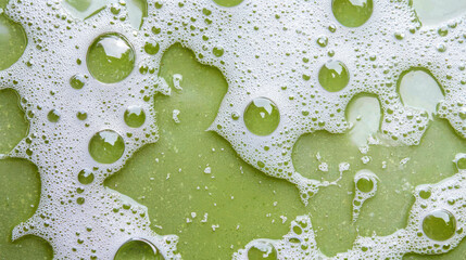 Bubbles and foam create textured surface green liquid, showcasing natural transpiration and moisture. vibrant color adds