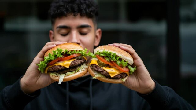 Young man enjoying delicious cheeseburgers outdoors: juicy double stack delight