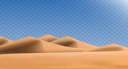 Realistic desert landscape isolated on transparent background. Sandy desert dunes. Vector