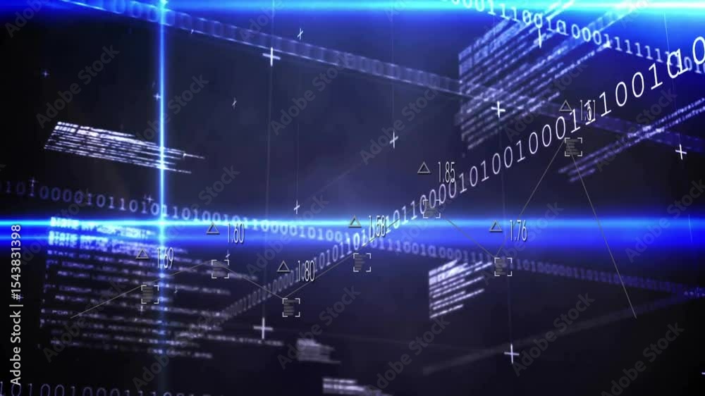 Poster on opening grid binary streams drifting, blue beam sweeping, panels fading visualizing data network