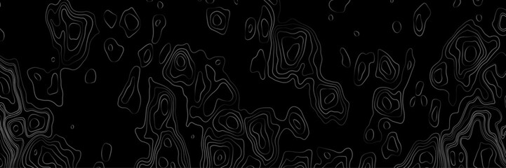 Abstract black and white topographic map illustration in vector style, showing contour lines, curves, and mountain ranges. Seamless pattern inspired by physical geography and terrain relief.